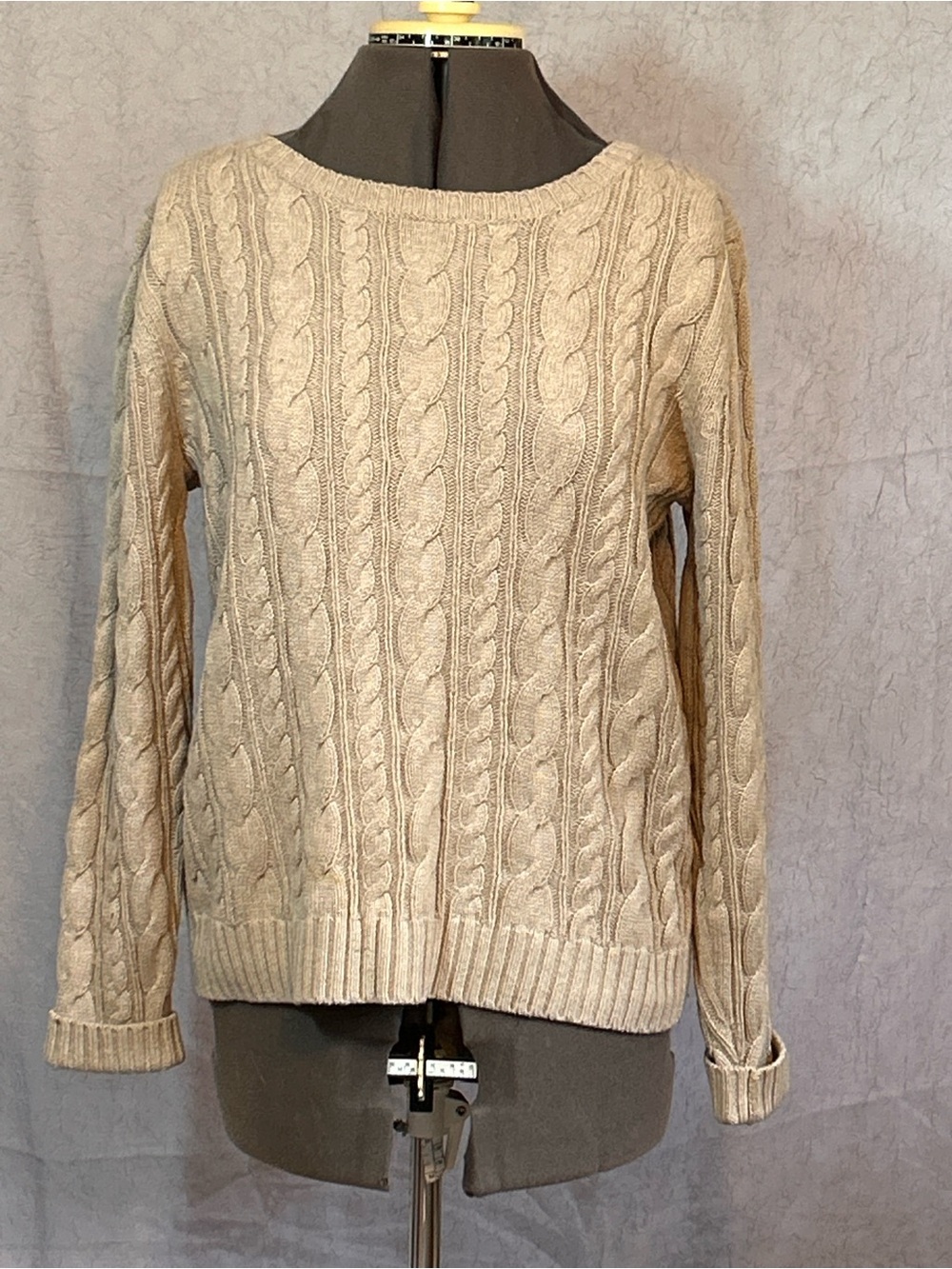 Lands' End Beige Cable Knit Crewneck Sweater